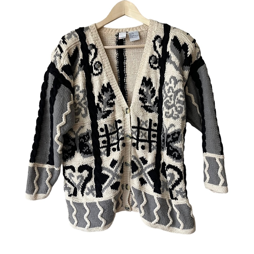 Vtg 90s Units Chunky Knit Cardigan Sweater XOXO Ivory Black Gray Sz Small